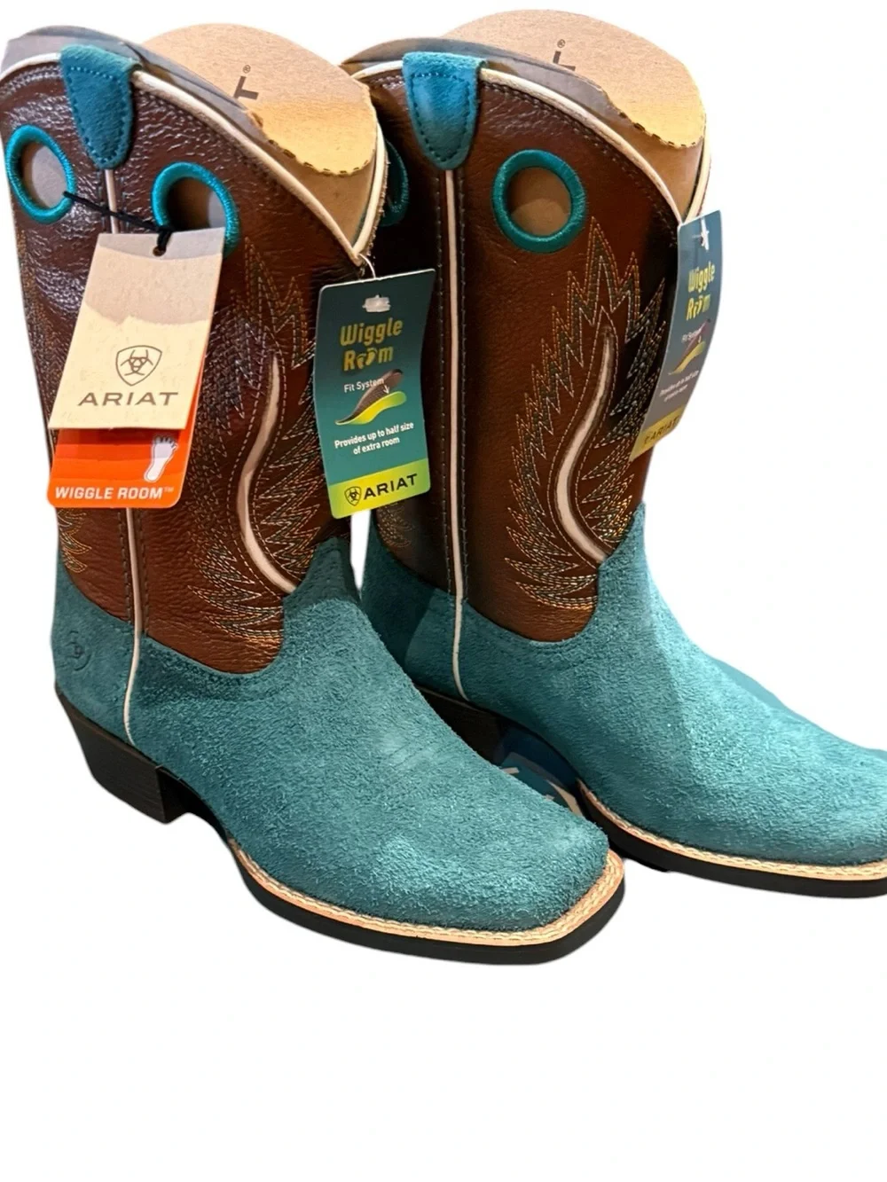 Ariat Kids Futurity Fort Worth Teal Suede & Brown Leather Cowboy Boots Youth 13